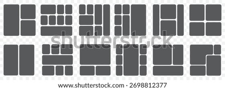 Modular Grid Layout Icons – Bento Style Interface Elements. Editable Bento Layout Blocks for Dashboard and Portfolio Design on Transparent Background. EPS 10.