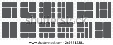Modular Grid Layout Icons – Bento Style Interface Elements. Editable Bento Layout Blocks for Dashboard and Portfolio Design on Transparent Background. EPS 10.