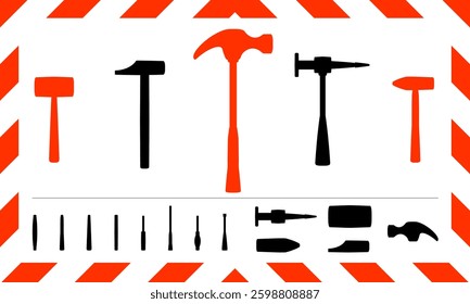 Modular hammers icons set with interchangeable parts