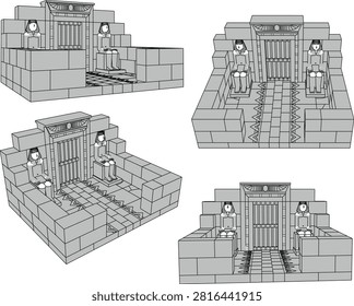 Modular historical temple ruins inspired by ancient Egyptian architecture with carved stone slabs, central entrance gate, and symmetrical column rows