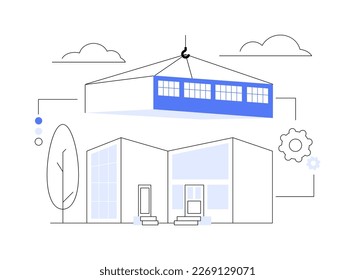 Modulares abstraktes Konzept, Vektorgrafik. Modulare Bauweise, permanente Fundamentkonstruktion, vorgefertigte Bauteiletransporte, abstrakte Metapher mit grüner Fußabdruck-Technologie.