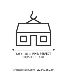 Modular Home Pixel perfekte lineare Symbol. Fertighaus. Bewegliches kompaktes Gebäude. Immobilienkauf. Immobilien. Dünne Illustration. Contour-Symbol. Vektorgrafik-Zeichnung. Bearbeitbarer Hub