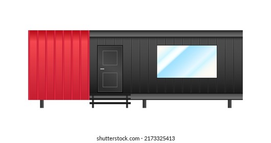 Modular Home, Vector Illustration. Tiny House, Isolated On White Background. Metal Siding Facade, Top View. Modern Beach House, Front Side. Bungalow