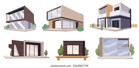 Modular homes set. Home architecture.  Modern houses, villas exteriors set. Residential buildings, real estate made of glass, wood, concrete for flyers, ads, langing, postcards. Wooden eco-friendly