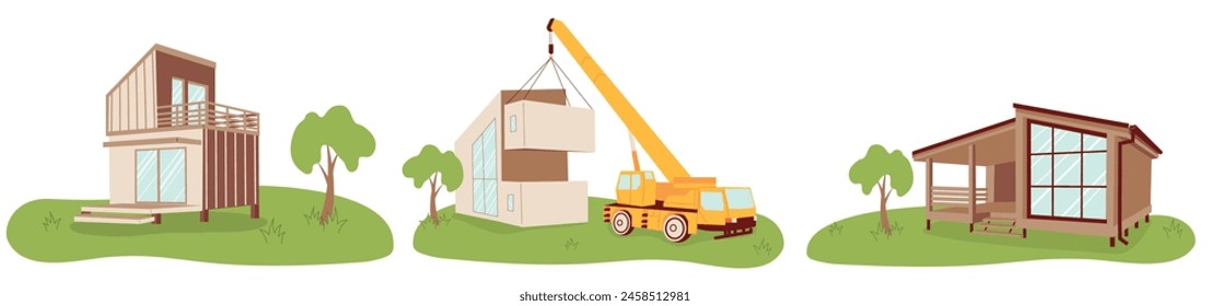 Modular homes set. Wooden eco-friendly modular houses. New modular housing concept. Modular homes exterior designs