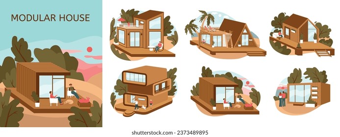 Modular house flat composition set with houses in different styles and with different number of floors vector illustration