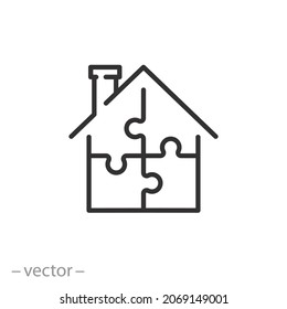 Modular House Icon, Engineering, Building Housing, Home At The Prefab Panels, Puzzle Construction, Future Architecture, Thin Line Symbol - Editable Stroke Vector Illustration