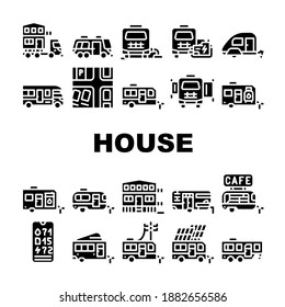 Iconos de conjunto de Iconos de la colección del remolque de la casa modular Casa Con Módulo De Extracción Y Cilindro De Gas, Transportación De Edificios Y Control De Nivel De Carga Pictogramas De Glifo Ilustraciones Negras