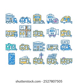 casa modular reboque doodle ícones definir vetor. esboço linha arte casa com módulo pull-out e cilindro de gás, transporte de construção e nível de carga control ilustrações de cor