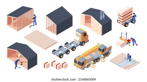 Modular houses. Real estate building isometric pictures garish vector template of construction processes yellow vehicles