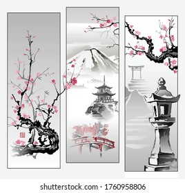 Modular illustration with elements of Japanese culture. Sakura branch, Toro Lantern, Pagoda, Torii Gate. Printing with hieroglyphs - beauty, spring, harmony. Vector.