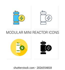 Modular mini reactor icons set. Nuclear fission reactor. Flexible power generation. Electricity concept. Collection of icons in linear, filled, color styles.Isolated vector illustrations