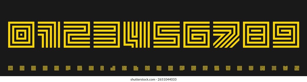 Fonte numérica modular, números de grade de labirinto abstrato e letras, estrutura techno codificada para visuais de pôster futurista, NFT humor, sistema de marca visual visual, dígitos de bloco digital. Tipo de vetor.