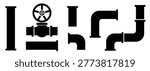 Modular oil pipeline kit silhouette with vector black pipes, valves, flange joints isolated on transparent. Connectors set, industrial petroleum system elements, flow control, energy infrastructure