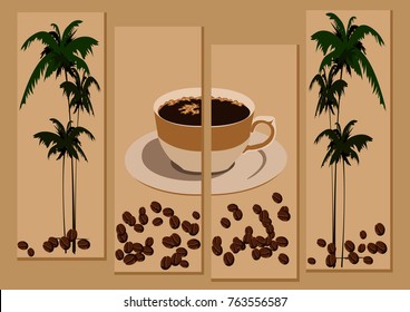 modular pattern, coffee cups, palm trees and coffee beans