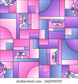 Modular pattern with eyes in geometric shapes grid scandinavian fashion retro textile print. Modern background design. Open eyes bauhaus geometric seamless pattern. Gradient vector design.