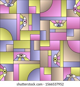 Modular pattern with eyes in geometric shapes grid scandinavian fashion retro textile print. Modern background design. Open eyes bauhaus geometric seamless pattern. Gradient vector design.