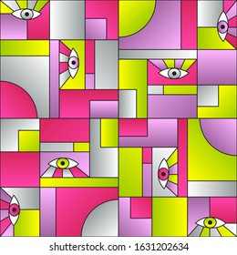 Modular pattern with eyes in geometric shapes grid 80s and 90s vintage fashion fabric print. Patches composition tile. Open eyes bauhaus geometric seamless pattern. Interior vector design.