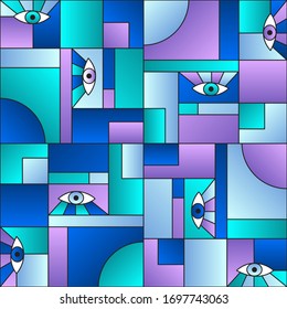 Modular pattern with eyes in geometric shapes grid scandinavian fashion retro textile print. Decorative modules illustration. Open eyes bauhaus geometric seamless pattern. Interior vector design.