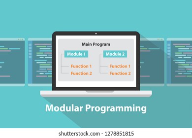 modular programming language concept terms in development program science education - vector illustration