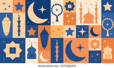 Modular Ramadan banner with crescents, mosques, lanterns, stars, and prayer beads in orange, blue, and beige tones with a festive Islamic theme. Vector geometry abstract banner