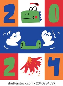 Modular set of elements for banner design. Dragon head. Handwritten numbers. Date 2024. Symbol of the new year. Funny fairy tale character. Cartoon illustration. Tongues of flame.