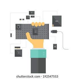 Modular smartphone concept with electronic platform and various device modules and components, a new innovation in mobile hardware development process. Flat design style modern vector illustration.