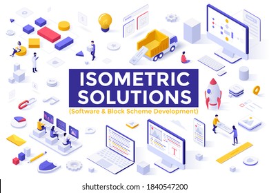 Modular Software and Block Scheme Development set - programmers coding on computers, people creating flowcharts or tree diagrams. Collection of isometric design elements. Modern vector illustration.