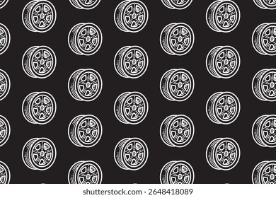 modular spoke car line art seamless pattern on black background. alloy rim racing engraving doodle pattern background. car wheel rim hatching wallpaper for garage, workshop, detailing, exterior merch