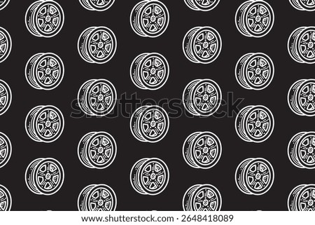 modular spoke car line art seamless pattern on black background. alloy rim racing engraving doodle pattern background. car wheel rim hatching wallpaper for garage, workshop, detailing, exterior merch