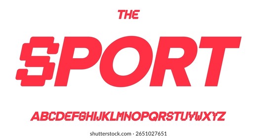 Fonte de esporte modular, alfabeto itálico negrito, letras cortadas dinâmicas, tipo de jogo retro para o logotipo de velocidade, título de esporte, tipografia de exibição rápida, design tipográfico digital moderno. Tipo de vetor