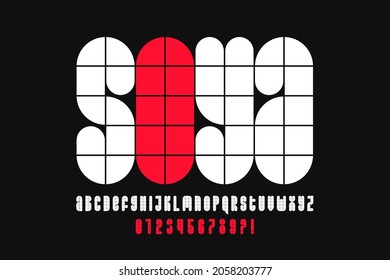 Modular style font, alphabet letters and numbers, vector illustration