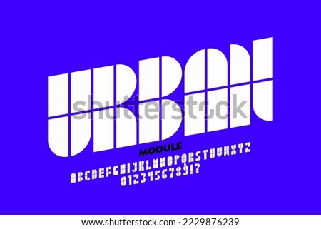 Modular style font, alphabet letters and numbers, vector illustration