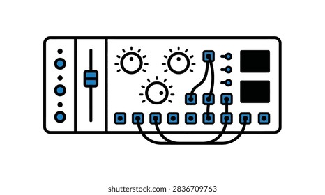 Modular synthesizer illustration with knobs and patch cables