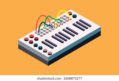 Modular synthesizer with patch cables and keyboard, vector illustration. Isolated on orange background