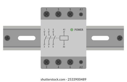 Contactor modular de três polos montado num carril DIN. Ilustração vetorial isolada no plano de fundo branco