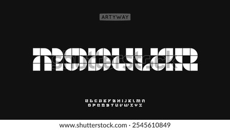 Modular tile alphabet, square module pattern letters, geometric grid font for digital logo, technological headline, contemporary typography, modern typographic design. Vector typeset