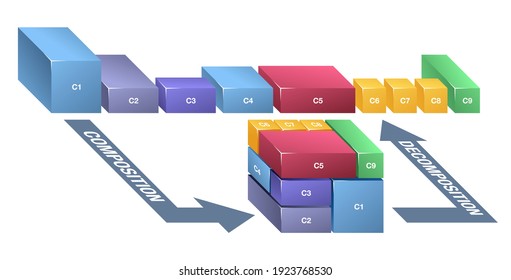 Modularity of unitary and composite P containers. Composition and decomposition of different smart, green and modular packagings. Vector illustration of Physical Internet initiative.