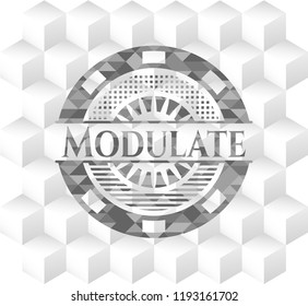 Modulate retro style grey emblem with geometric cube white background