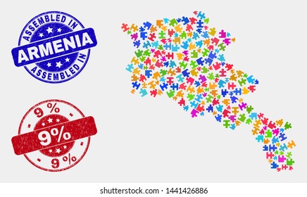 Module Armenia map and blue Assembled seal, and 9% distress seal stamp. Colored vector Armenia map mosaic of puzzle items. Red round 9% seal.