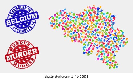 Module Belgium map and blue Assembled seal stamp, and Murder grunge seal stamp. Colored vector Belgium map mosaic of puzzle components. Red rounded Murder stamp.