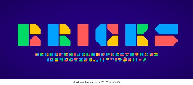 Fuente de bloque de módulo, tipo de letra abstracto moderno, tipografía de Vector tipo alfabeto inglés. Fuente abc geométrica creativa de moda con letras y números de bloques de color, Formas de geometría y módulos