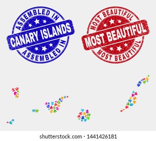 Module Canary Islands map and blue Assembled seal, and Most Beautiful textured seal stamp. Bright vector Canary Islands map mosaic of bundle bricks. Red rounded Most Beautiful seal.
