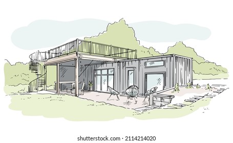 Module Container House With A Terrace Visualization Sketch