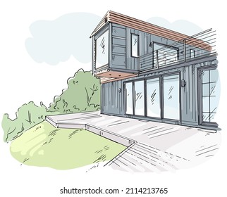 Module Container House Visualization Sketch