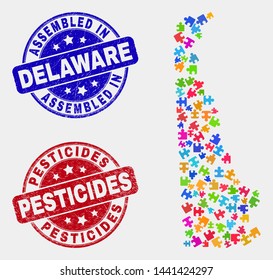 Module Delaware State map and blue Assembled seal stamp, and Pesticides scratched seal stamp. Colorful vector Delaware State map mosaic of puzzle parts. Red rounded Pesticides imprint.