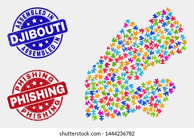 Module Djibouti map and blue Assembled watermark, and Phishing distress seal. Colored vector Djibouti map mosaic of puzzle components. Red round Phishing seal.