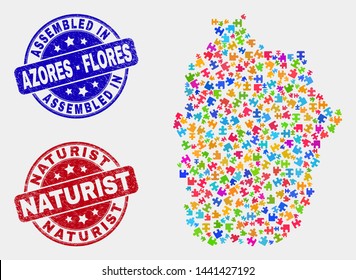 Module Flores Island of Azores map and blue Assembled seal stamp, and Naturist distress seal stamp. Colored vector Flores Island of Azores map mosaic of plug-in connectors. Red rounded Naturist stamp.