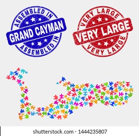 Module Grand Cayman Island map and blue Assembled seal stamp, and Very Large textured seal stamp. Colored vector Grand Cayman Island map mosaic of bundle parts. Red rounded Very Large badge.