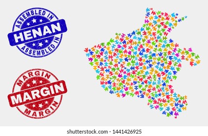 Module Henan Province map and blue Assembled seal, and Margin distress seal stamp. Bright vector Henan Province map mosaic of plugin components. Red rounded Margin seal.